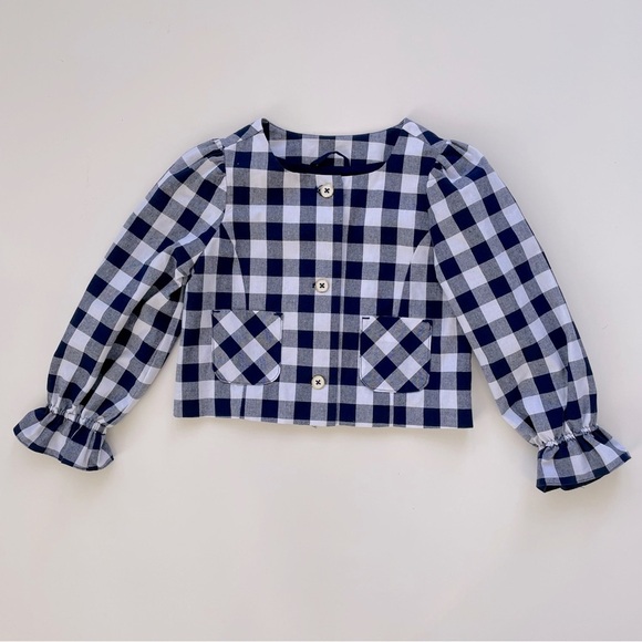 Janie and Jack Girls Navy Blue White Gingham Cropped Blazer Jacket Size 4, NWT - Picture 1 of 5